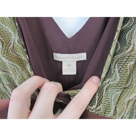Jonathan Martin Size 12 Olive Green and Brown Midi Dress Fit and Flare V Neck - Picture 7 of 10